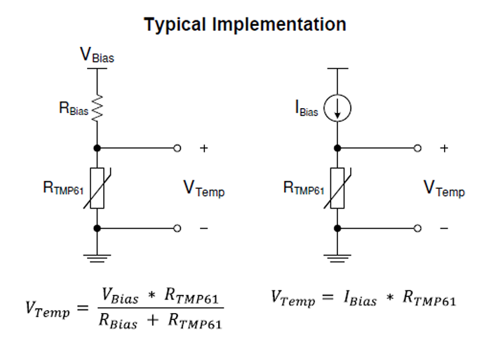 2.作為電阻組件，可以使用電壓源（左）或電流源（右）來驅動熱敏電阻。實際上，大多數電壓驅動電路使用比例布置來消除源漂移的影響